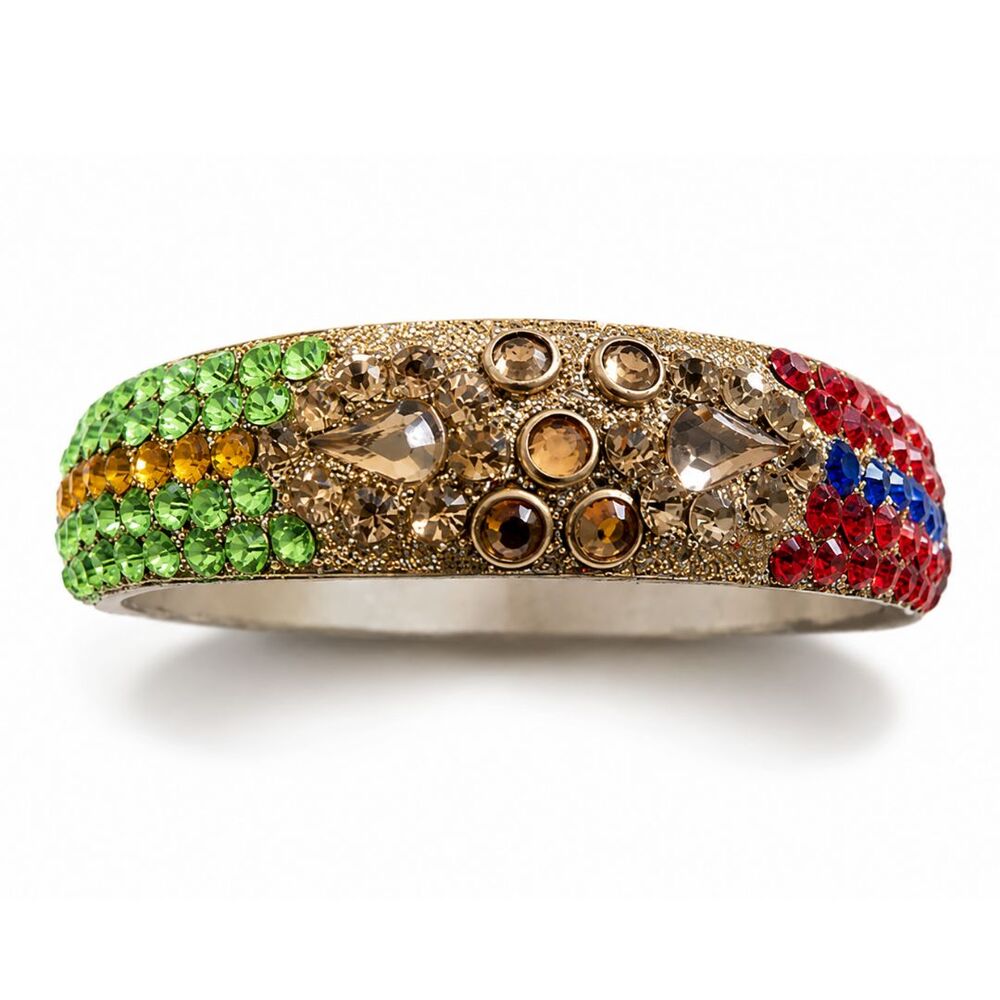 Vintage Rainbow Rhinestone Cuff Bracelet Jewel Tone Runway Glam Art Deco Bangle